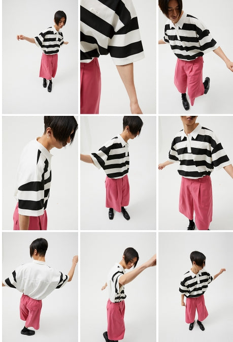 イーエスシースタジオ(ESC STUDIO) stripe short sleeve polor shirt (black)