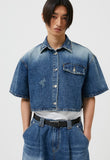 イーエスシースタジオ(ESC STUDIO) denim crop short sleeve shirt (blue)