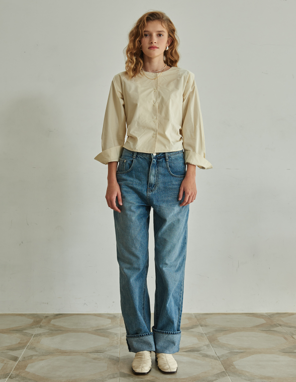 TMO BY 13MONTH（ティーエムオーバイサーティンマンス）COLLARLESS BANDING BLOUSE (BEIGE)