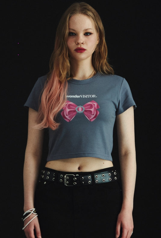 ワンダービジター(WONDER VISITOR)  Cubic Ribbon Crop T-Shirt [Grey]