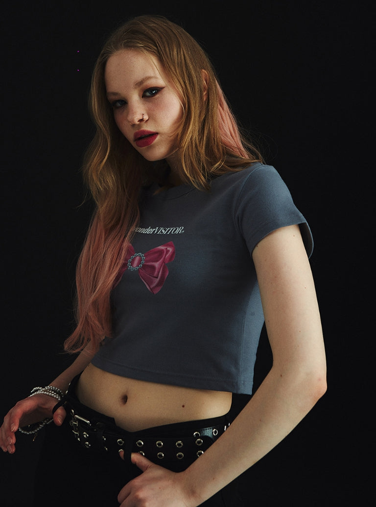 ワンダービジター(WONDER VISITOR)  Cubic Ribbon Crop T-Shirt [Grey]