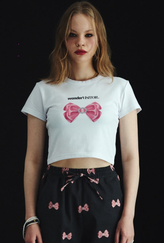 ワンダービジター(WONDER VISITOR)  Cubic Ribbon Crop T-Shirt [White]