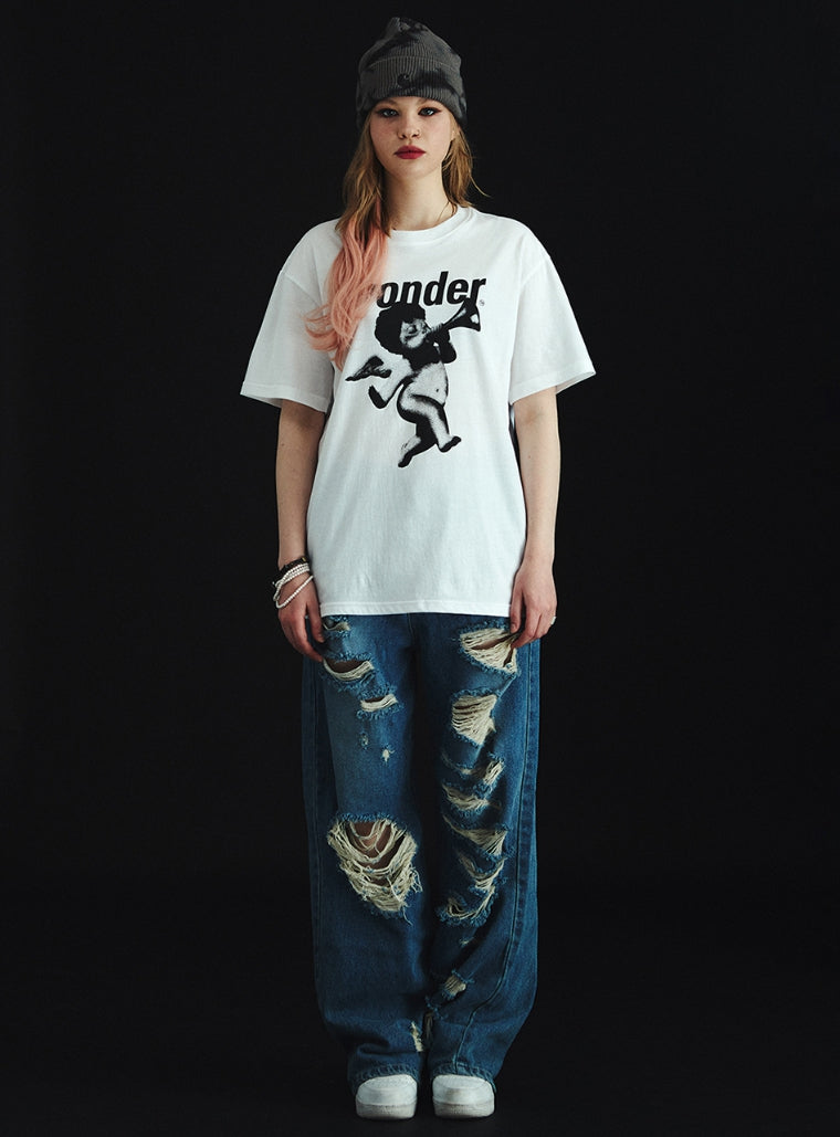 ワンダービジター(WONDER VISITOR) Mono-Punk Angel overfit T-Shirt [WH-black]