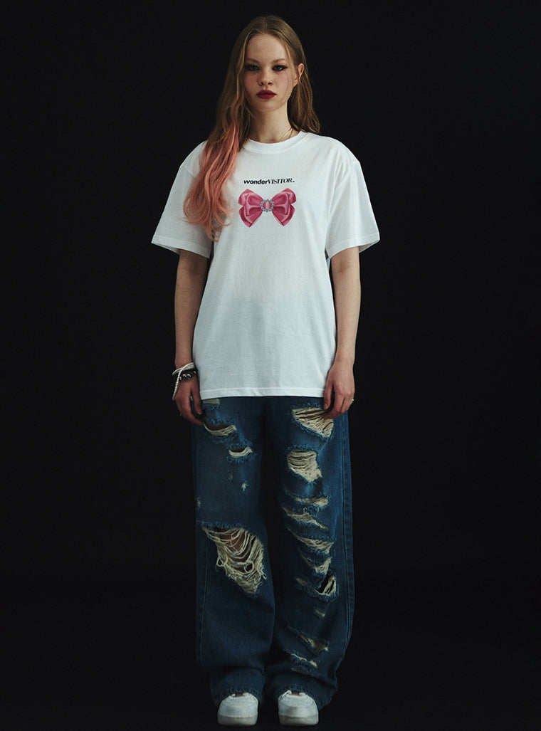 ワンダービジター(WONDER VISITOR) Cubic Ribbon overfit T-Shirt [White]