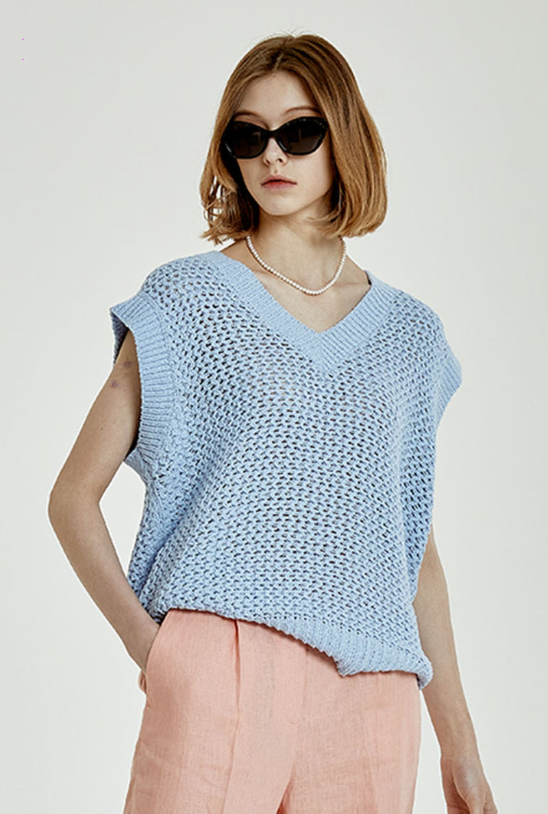 ORDINARY PEOPLE(オーディナリーピープル) SEALING CROCHET V NECK SKYBLUE KNIT VEST