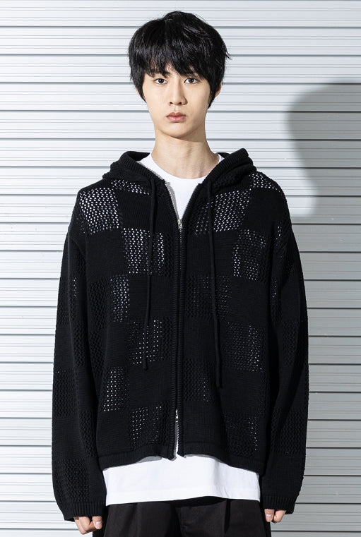 マスノウン(MASSNOUN)  CHECKERBOARD MESHED ZIP-UP KNIT MSTNT002-BK