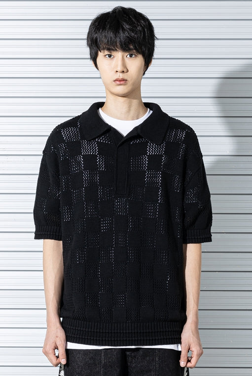 マスノウン(MASSNOUN)  CHECKERBOARD MESHED KNIT HALF SHIRTS MSTNT003-BK