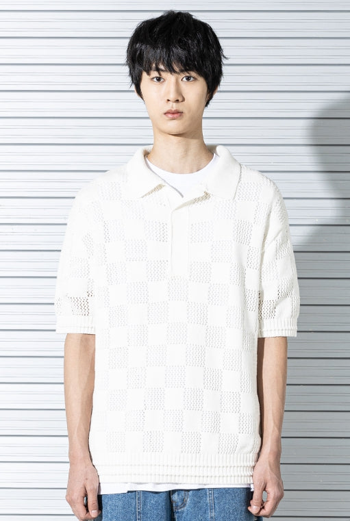 マスノウン(MASSNOUN) CHECKERBOARD MESHED KNIT HALF SHIRTS MSTNT003-CR