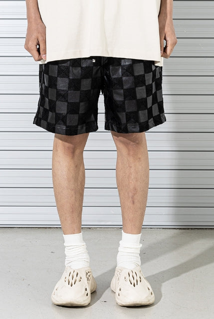 マスノウン(MASSNOUN)  CHECKERBOARD DOUBLE STITCH LEATHER SHORT PANTS MSTSP005-BK