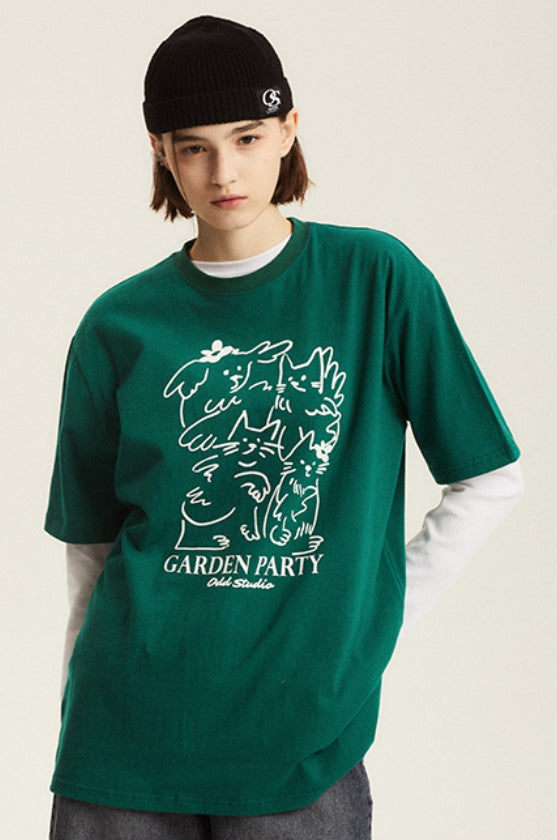 Odd Studio (オッドスタジオ) GARDEN PARTY DRAWING T-SHIRT - GREEN