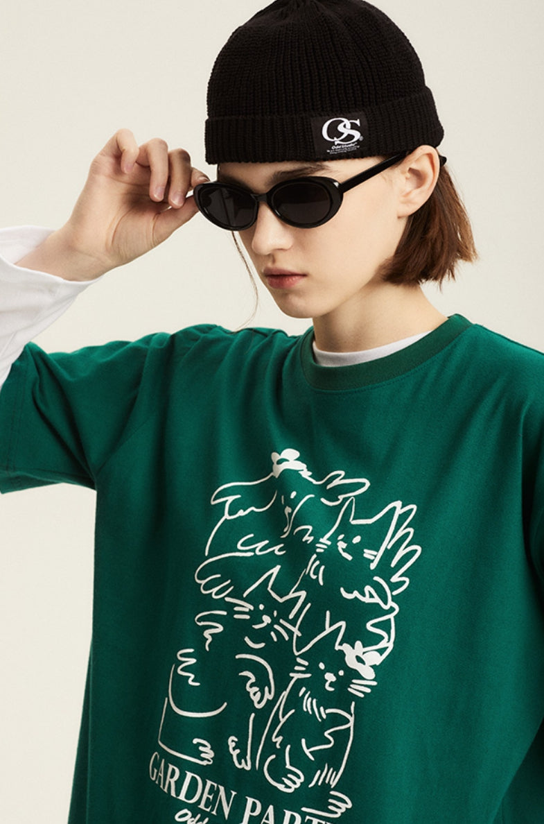 Odd Studio (オッドスタジオ) GARDEN PARTY DRAWING T-SHIRT - GREEN