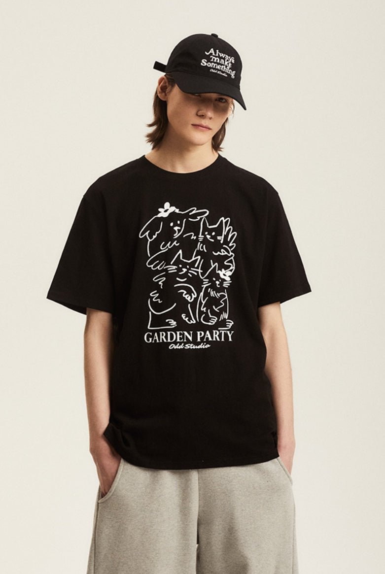 Odd Studio (オッドスタジオ) GARDEN PARTY DRAWING T-SHIRT - BLACK