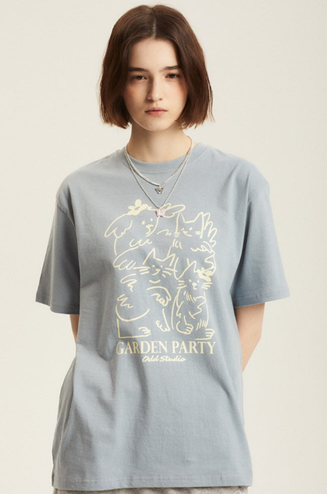 Odd Studio (オッドスタジオ) GARDEN PARTY DRAWING T-SHIRT - SKY BLUE