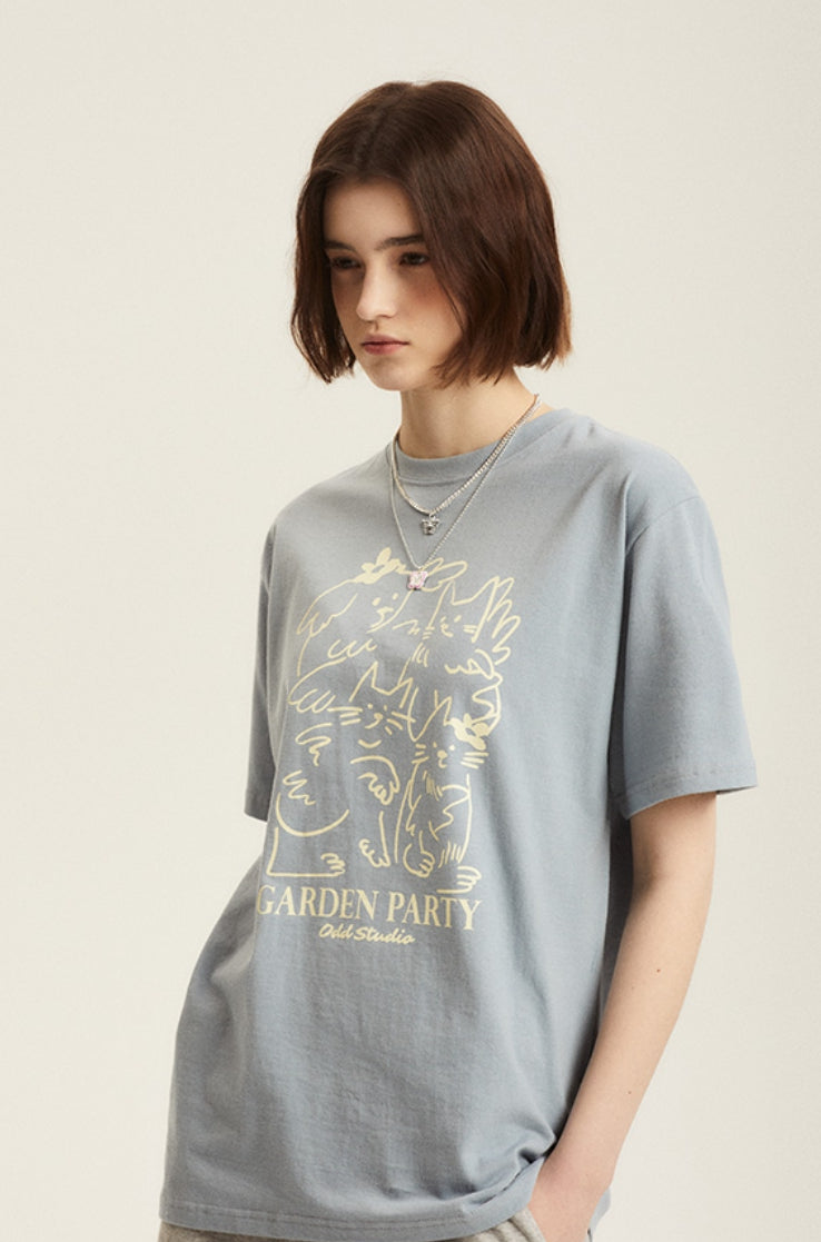 Odd Studio (オッドスタジオ) GARDEN PARTY DRAWING T-SHIRT - SKY BLUE