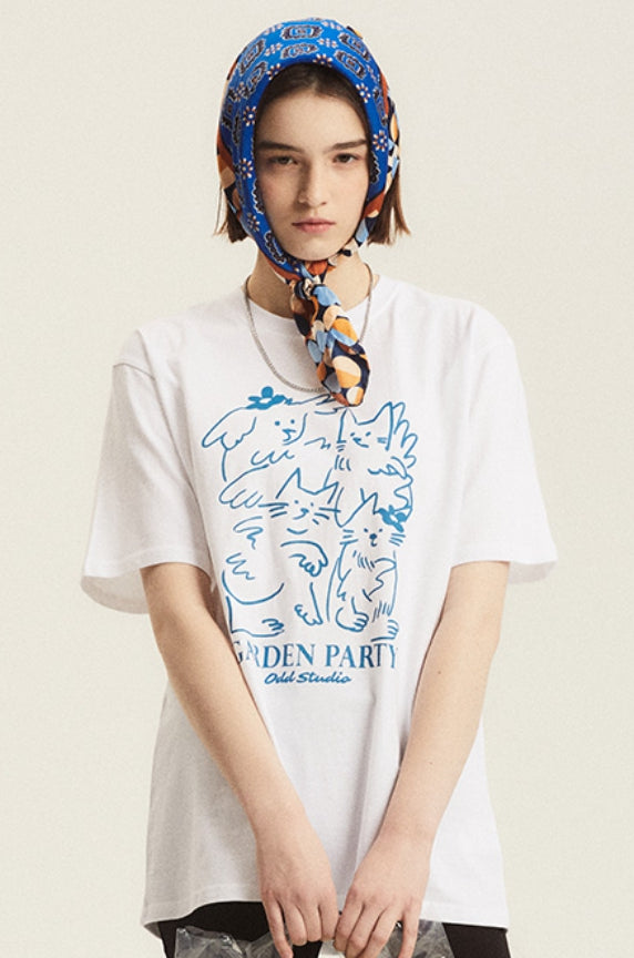 Odd Studio (オッドスタジオ) GARDEN PARTY DRAWING T-SHIRT - WHITE