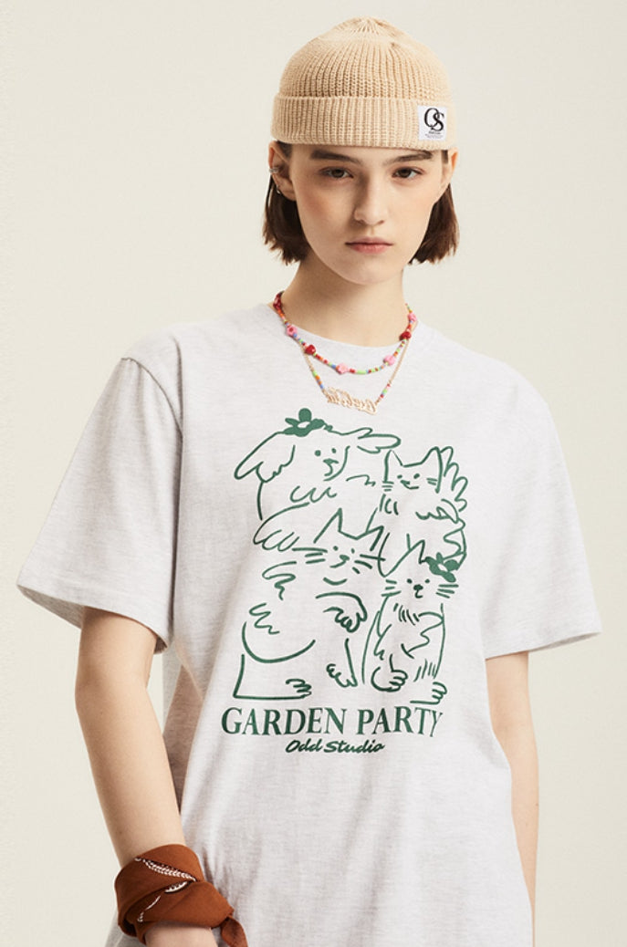 Odd Studio (オッドスタジオ) GARDEN PARTY DRAWING T-SHIRT - WHITE MELANGE