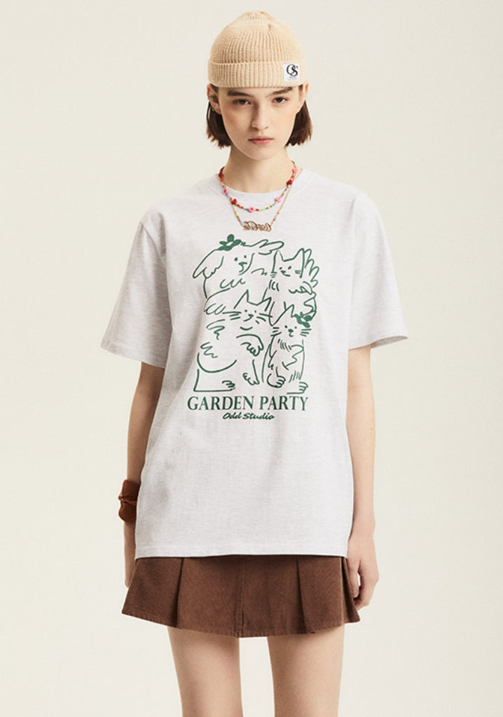 Odd Studio (オッドスタジオ) GARDEN PARTY DRAWING T-SHIRT - WHITE MELANGE
