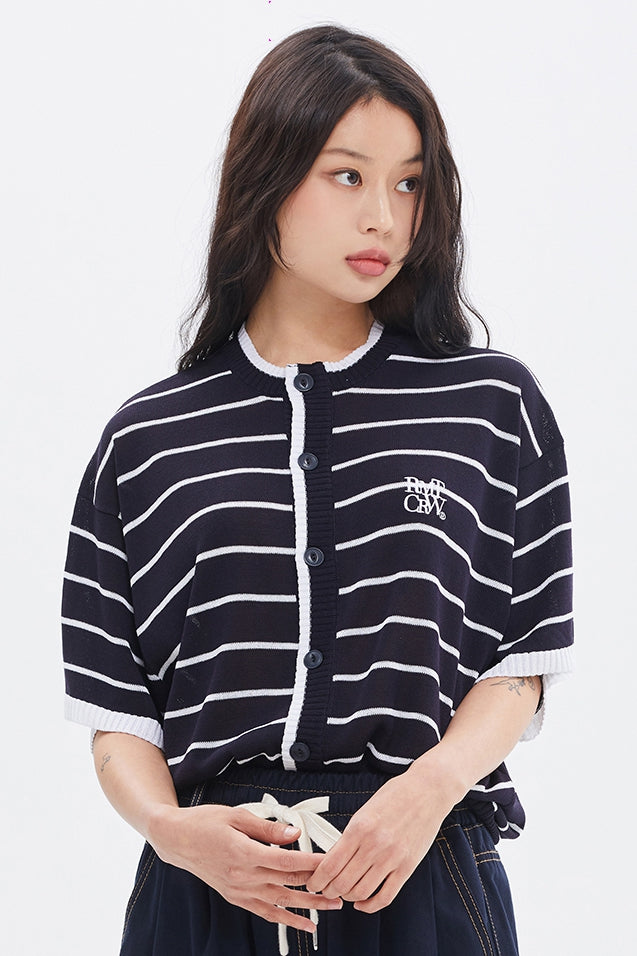 ROMANTIC CROWN(로맨틱 크라운) STRIPE HALF CARDIGAN_NAVY