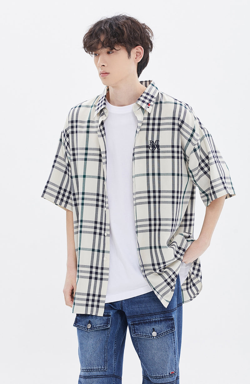 ROMANTIC CROWN(로맨틱 크라운) CROSS CHECK HALF SHIRT_OATMEAL