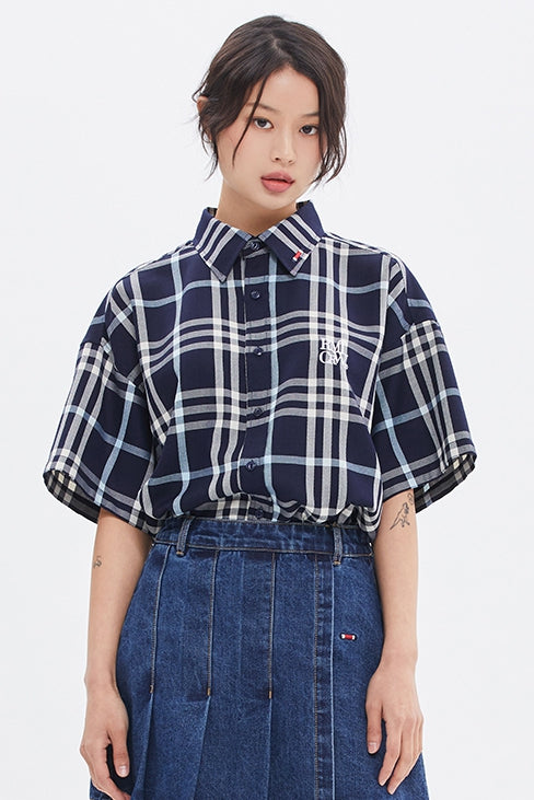 ROMANTIC CROWN(로맨틱 크라운) CROSS CHECK HALF SHIRT_NAVY