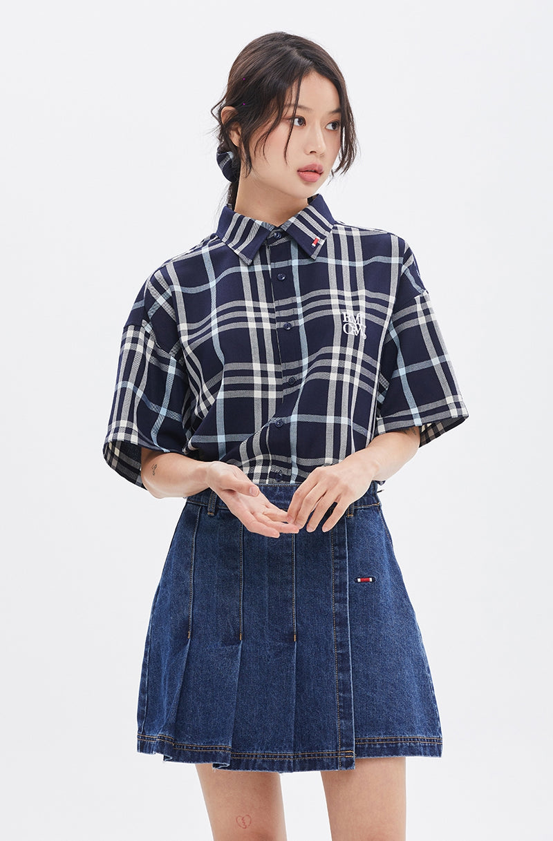 ROMANTIC CROWN(로맨틱 크라운) CROSS CHECK HALF SHIRT_NAVY