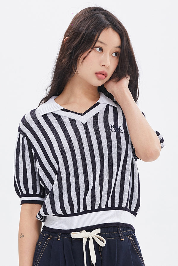 ROMANTIC CROWN(로맨틱 크라운) STRIPE BALLOON KNIT TOP_NAVY