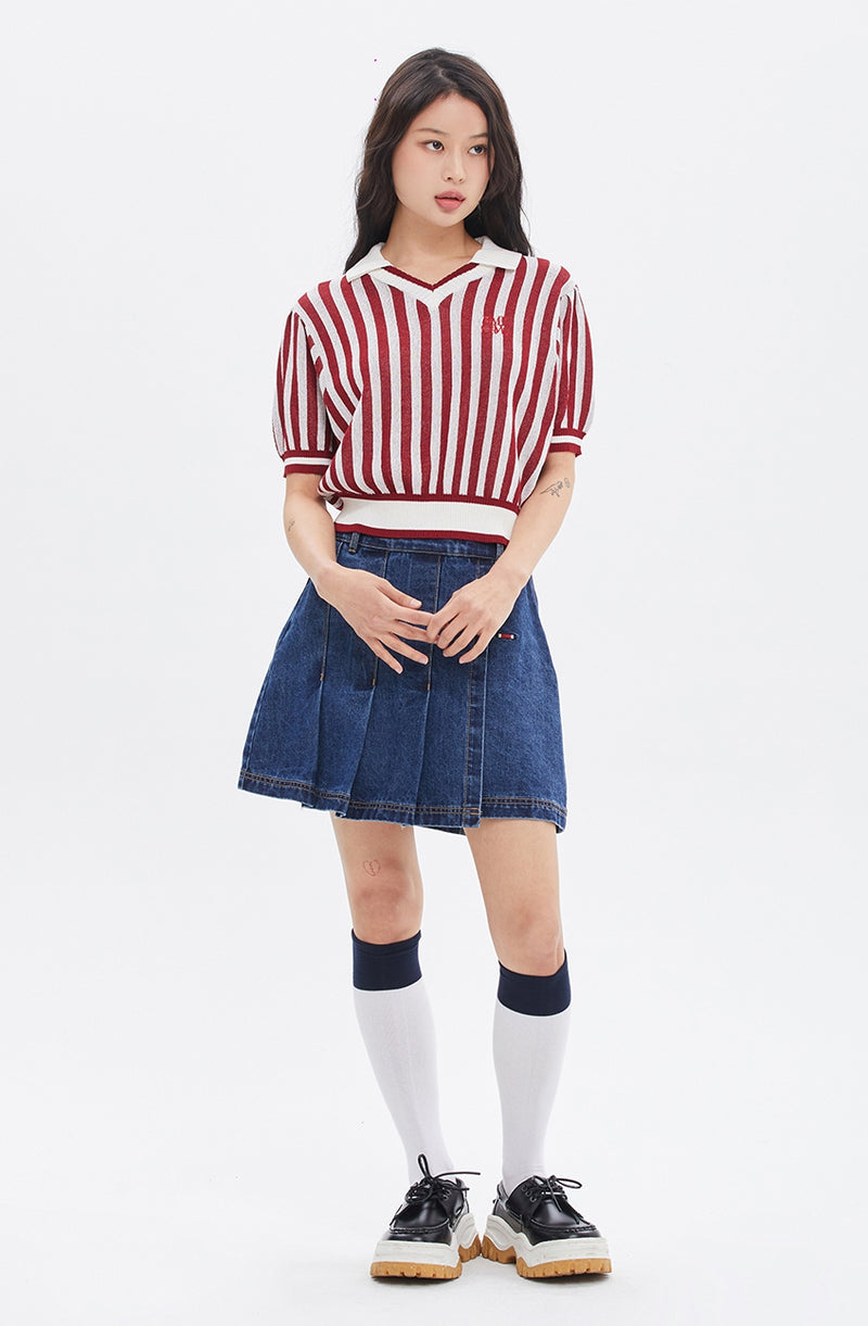 ROMANTIC CROWN(로맨틱 크라운) STRIPE BALLOON KNIT TOP_BURGUNDY