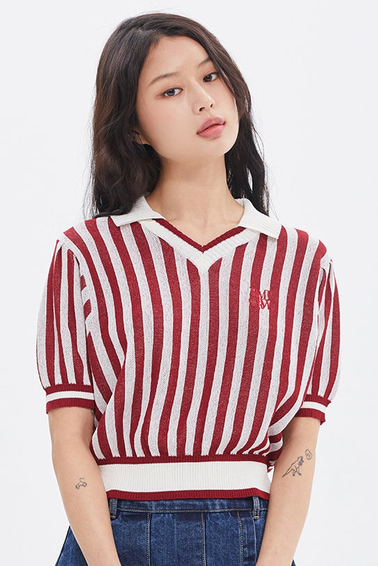 ROMANTIC CROWN(로맨틱 크라운) STRIPE BALLOON KNIT TOP_BURGUNDY