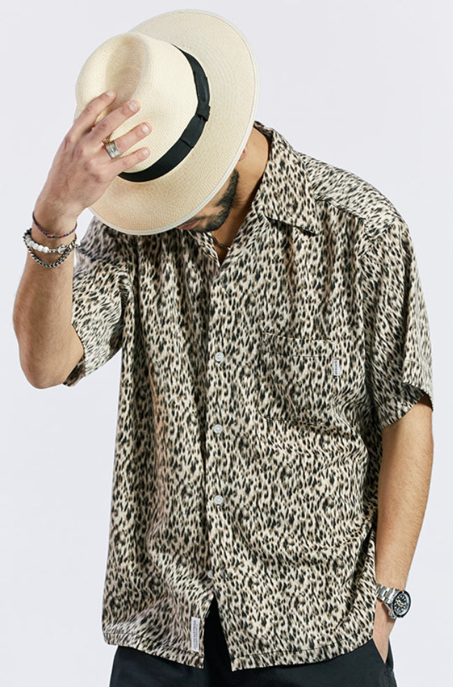 セイントペイン(SAINTPAIN) SP OVER FIT LEOPARD OPEN COLLAR SHIRTS-BEIGE