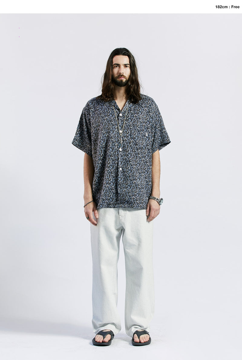 セイントペイン(SAINTPAIN) SP OVER FIT LEOPARD OPEN COLLAR SHIRTS-BLUE