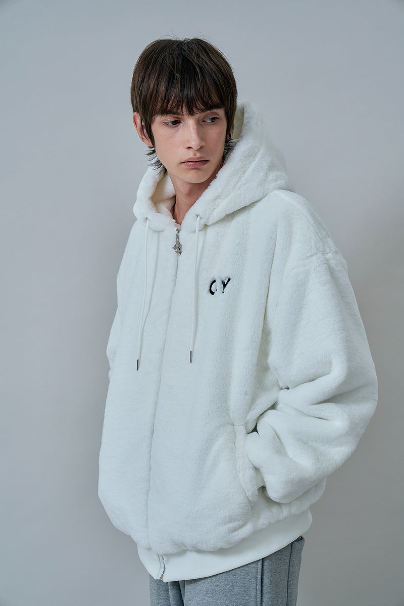 オーワイ(OY) LOGO FUR HOODIE JACKET-WHITE