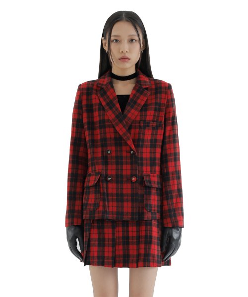 curetty (キュリティー) C CHECKED DOUBLE BUTTON JACKET_RED