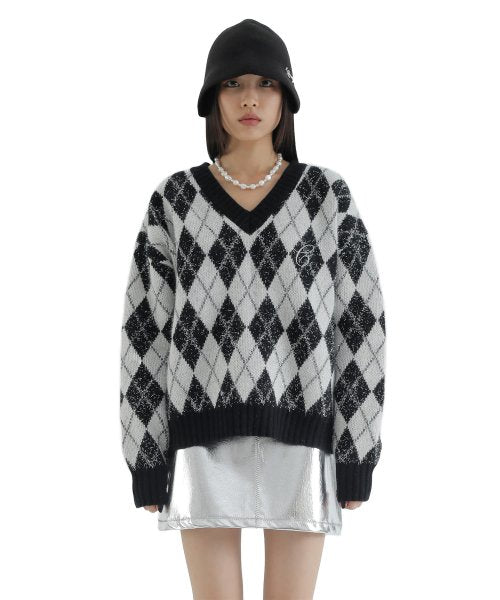 curetty (キュリティー)  C ARGYLE PATTERN JACQUARD KNIT TOP_BLACK