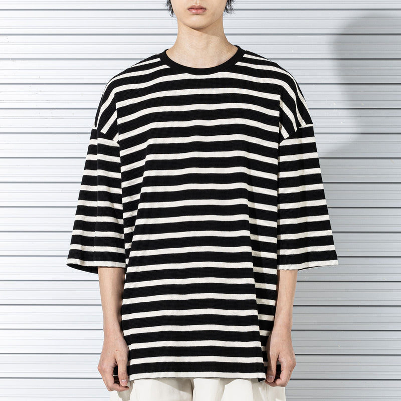 マスノウン(MASSNOUN)  WAFFLE STRIPE OVERSIZED T-SHIRTS MSTTS012-BK