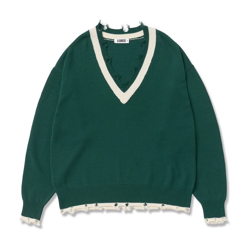 Q CUMBERS (キューカンバース) V-NECK DISTRESSED SWEATER / Green