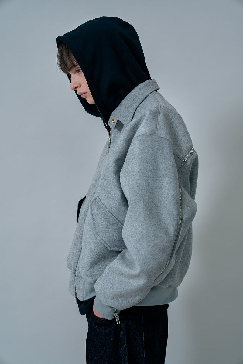オーワイ(OY) BACK ZIPPER WOOL BOMBER JACKET-GREY