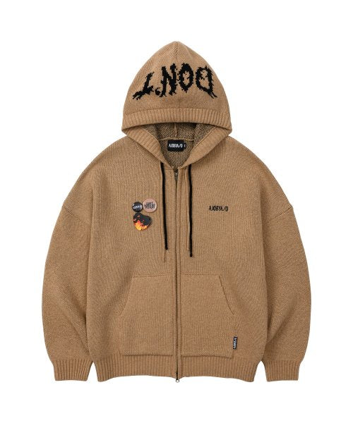 アジョバイアジョ(AJOBYAJO) Oversized (19) Slogan Wool Knit Zip-Up Hoodie [CAMEL]