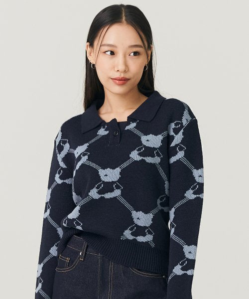 AQO_studiospace(アコスタジオスペース)      BEAR PATTERN CROP KNIT NAVY