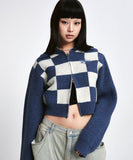 ワンダービジター(WONDER VISITOR)     Wool Checkerboard Knit Zip-up [Blue]