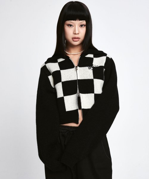 ワンダービジター(WONDER VISITOR)     Wool Checkerboard Knit Zip-up [Black]