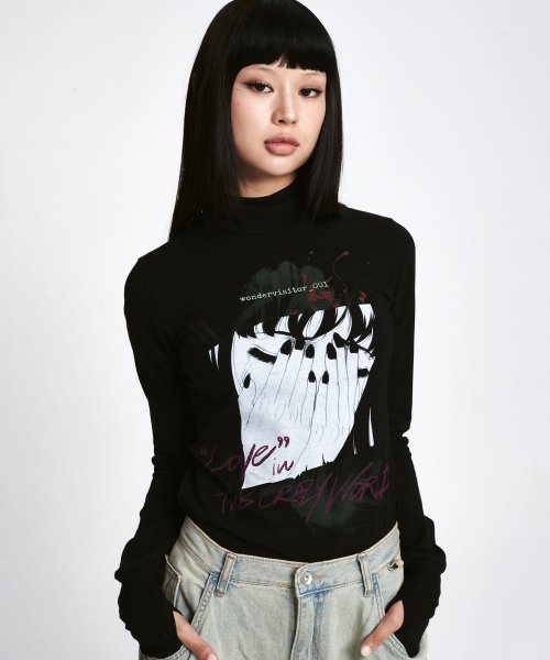 ワンダービジター(WONDER VISITOR)     Crying slim Turtleneck Top [Black]