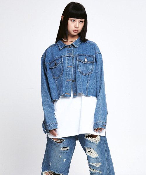 ワンダービジター(WONDER VISITOR)     Oversized Cutting Crop denim jacket [Blue]