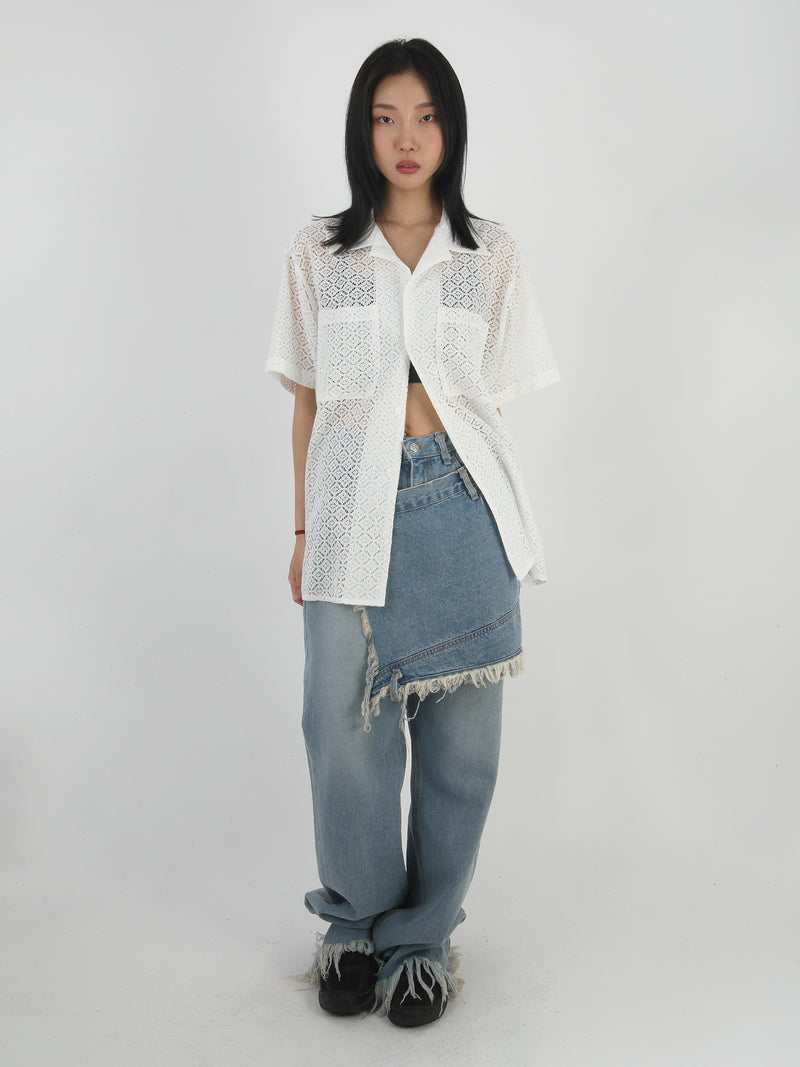 Fringe front wrap loose denim pants