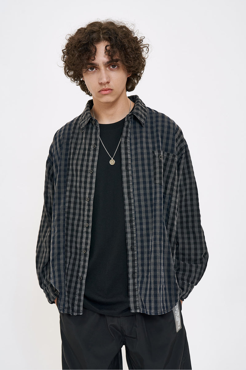 オーワイ(OY) PIGMENT MIX CHECK SHIRTS-BLACK/DARK NAVY