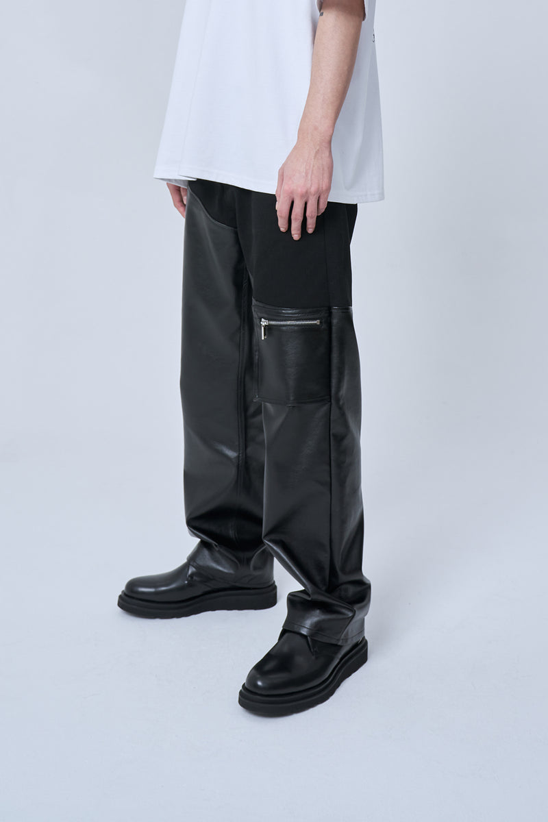 オーワイ(OY) LEATHER MIX PANTS-BLACK
