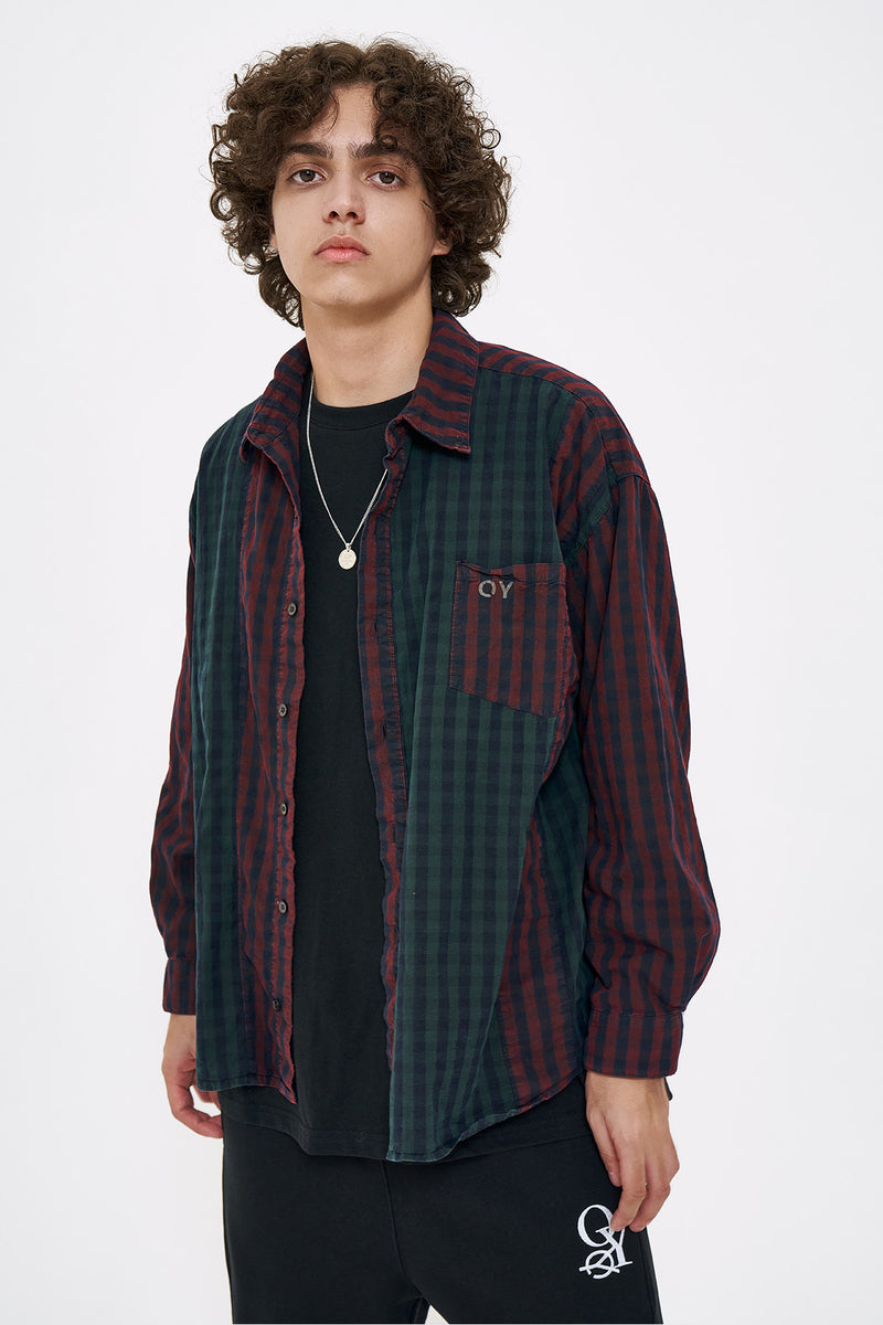 オーワイ(OY) PIGMENT MIX CHECK SHIRTS-DARK GREEN/RED