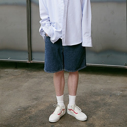 メスノウン(MASSNOUN) STN DAMAGE WIDE DENIM SHORT PANTS MSEJP009-BL