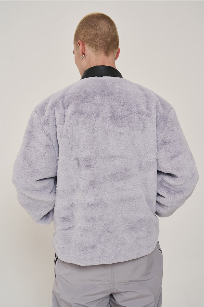 オーワイ(OY) LEATHER LOGO FUR JACKET-GREY