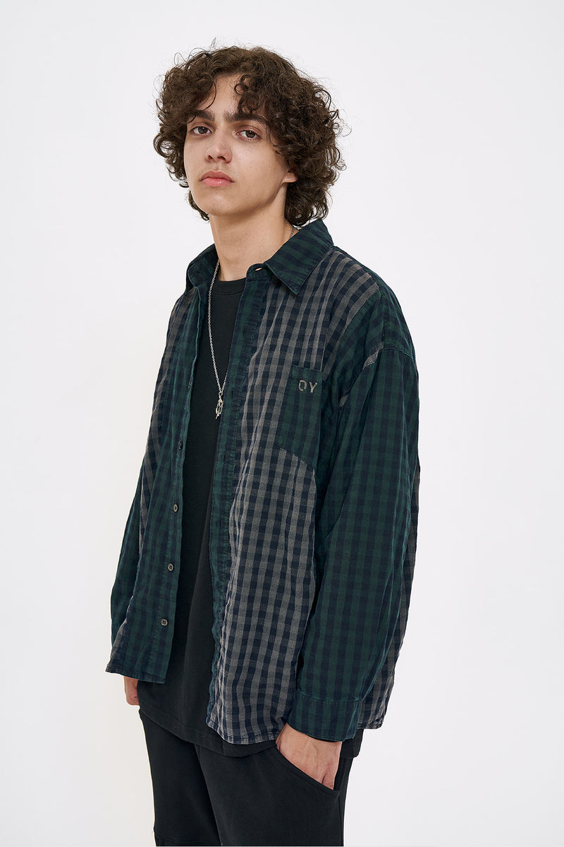オーワイ(OY) PIGMENT MIX CHECK SHIRTS-DARK NAVY/GREEN