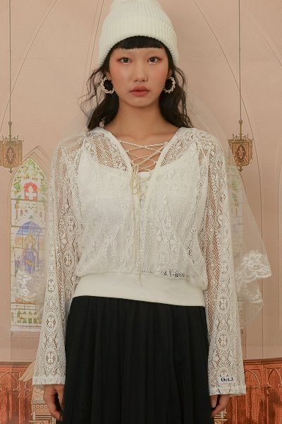 オクトーバーサード(Oct.3)Ribbon V-neck Lace Hoodie [White]